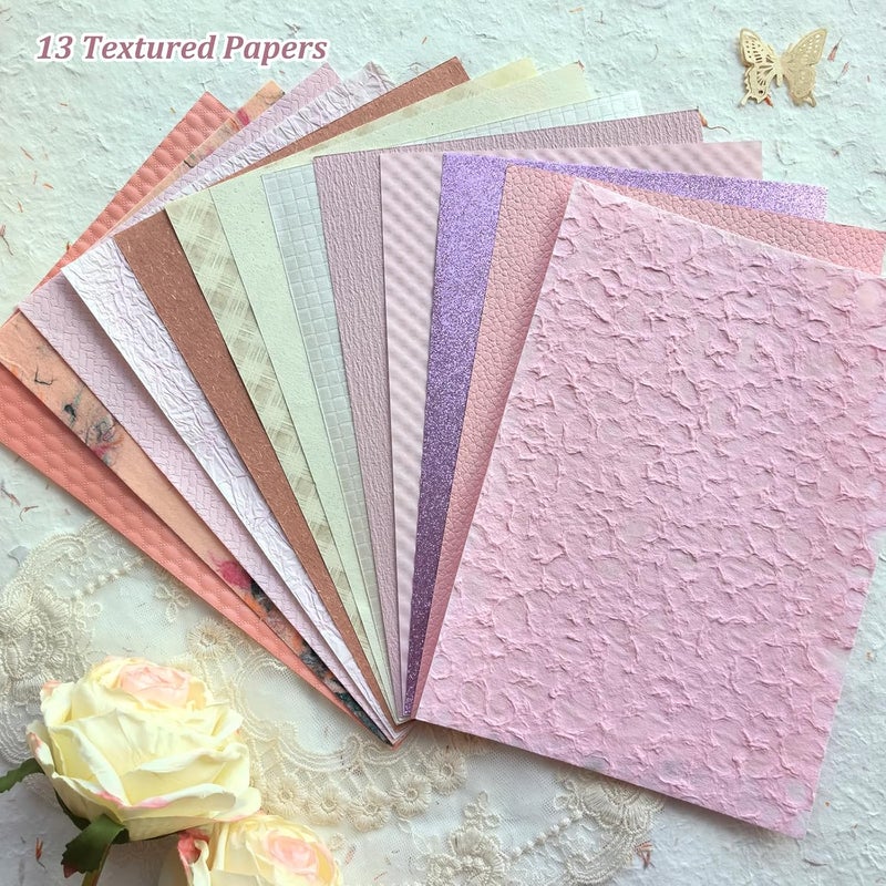 Flartmo 20 Unique A5 Textured Scrapbook Paper & Mesh Fabric Set, Handmade Craft Paper for Scrapbooking, Junk Journal Supplies, Card Making, Decoupage, Collage & Gift Embellishments (Pink) - Image 3